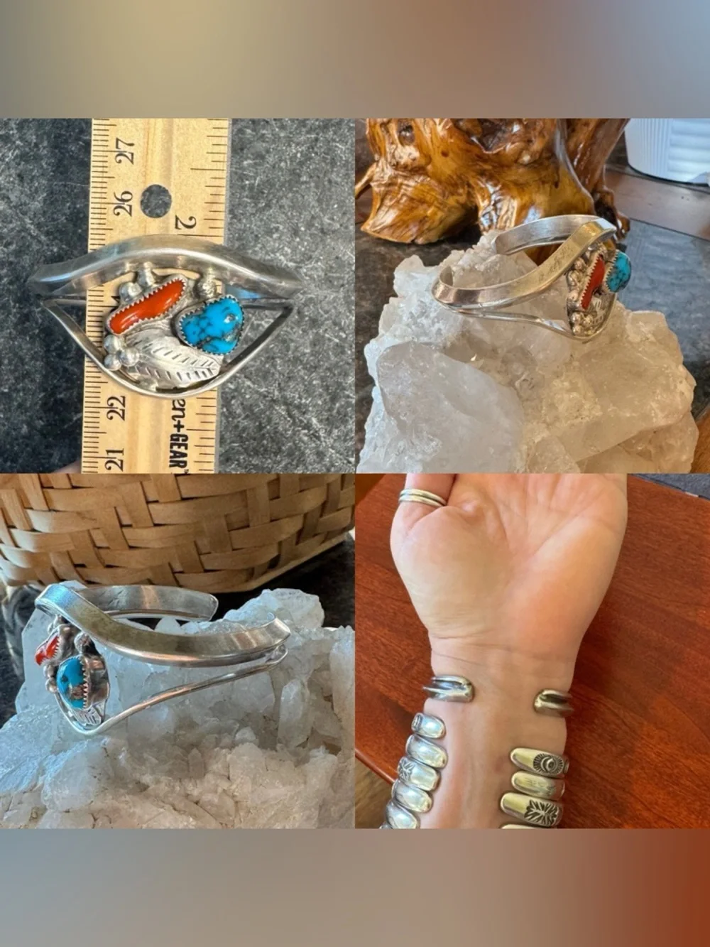 Native American David F Garcia Sterling Silver Turquoise and Coral Cuff Bracelet
